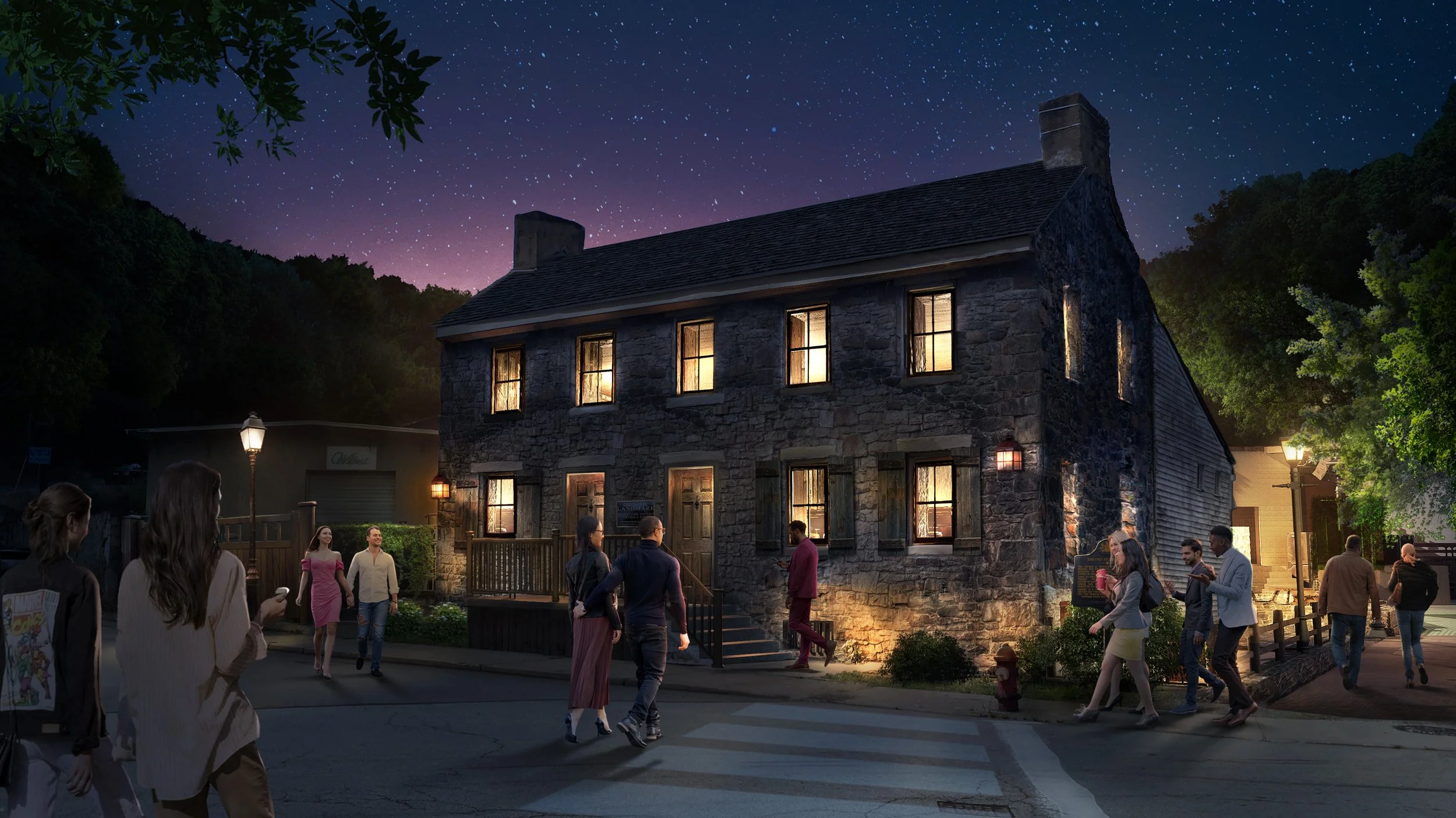 The Old Stone Tavern restored, at night